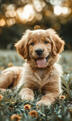 A golden retriever puppy laying in the grass with its tongue out. Generative AI.