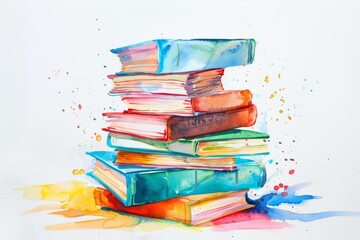 A fascinating watercolor of medical textbooks stacks knowledge high, brightly colored and placed against an isolated minimal white background