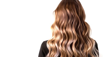 Fototapeta premium Elegant woman showcasing trendy hairstyle, captured from behind, displaying beautiful wavy locks. Ideal for beauty and fashion concepts. Stylish hair waves. AI