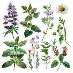 A lovely watercolor of medical herbs brings natural remedies into focus, set against a simple clipart isolated white background