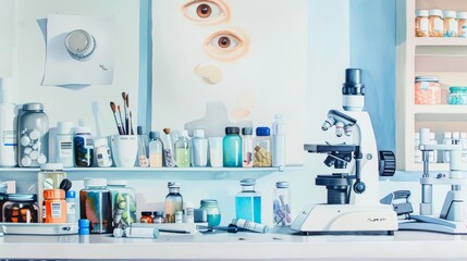 A tiny painting of an optometrists tools, spotlighting the precision in eye care, portrayed on an isolated white background