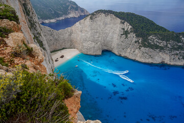 wide angle  upper panorama of the famous shipwreck of Navagio Beach