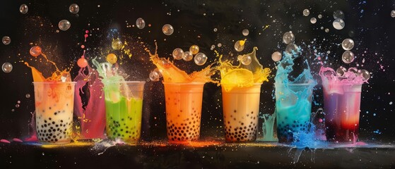 Bubble tea showcased in an amazing food explosion on black, introduces an unexpected twist to the traditional beverage, highlighted by pastel colors