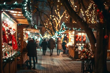 festive christmas market scene with families and decorated stalls at night photo