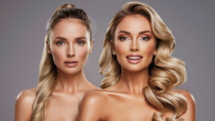Fototapeta premium Two women with different hair styles and makeup on their faces, AI