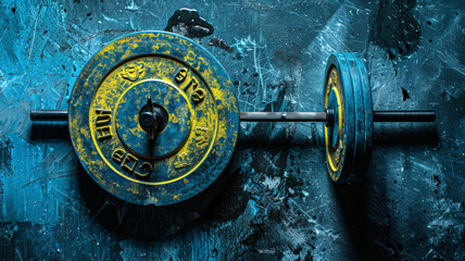A pair of dumbbells with yellow and blue accents - obrazy, fototapety, plakaty