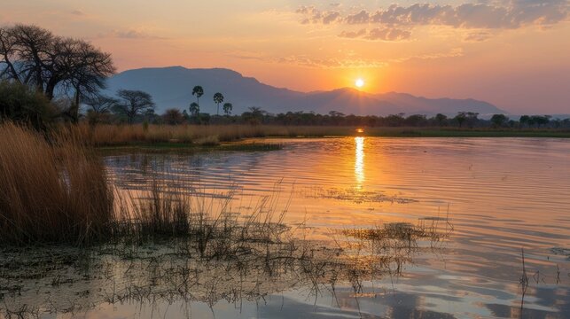 Sunset over Lake Bangweulu Game Management Area. Zambia.

