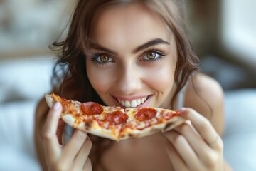 Beautiful young woman eating pizza in bed at home, close up