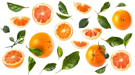 Assorted Fresh Citrus Fruits with Leaves Isolated on White Background. Vibrant Oranges and Grapefruits. Ideal for Healthy Diet Promotion. AI