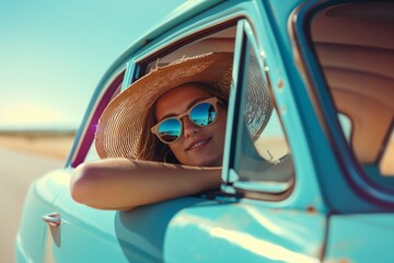 Naklejka premium Portrait of a beautiful young woman in hat and sunglasses sitting in the car.