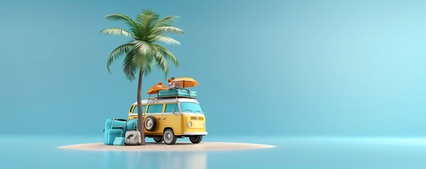 3d illustration of a van with surfboard and palm tree on the beach