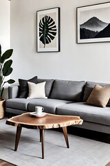  Live edge coffee table near corner sofa. Japandi interior design of modern living room, home. 