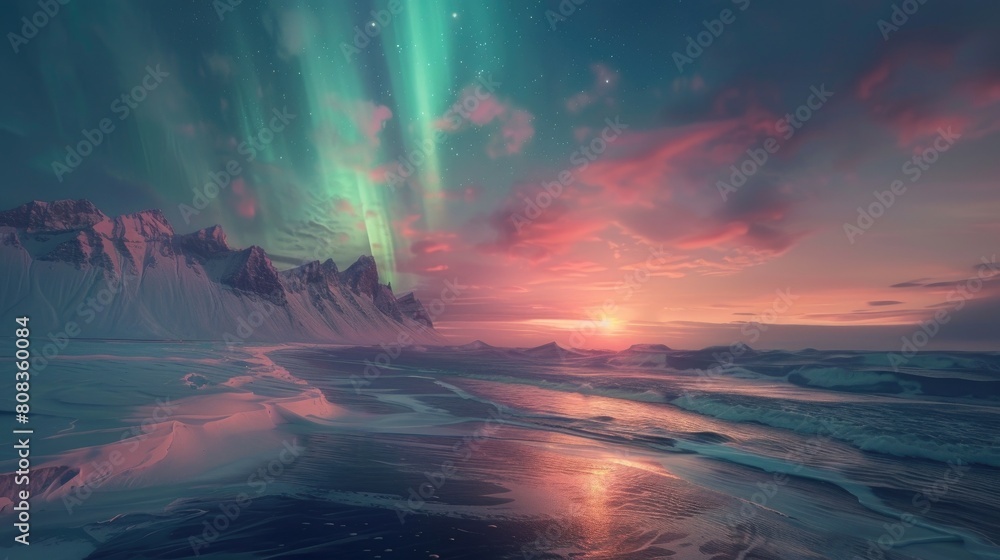 Wall mural northern lights - aurora boreal above big glacier at iceland, europe.render creation of dramatic sea