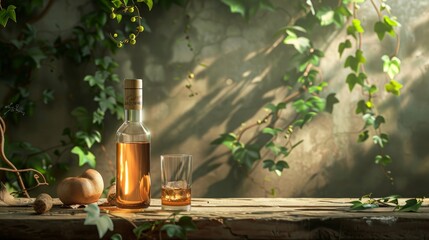 Elegant Arrangement: Arrange the bottle of strong alcohol and the glass on a rustic wooden table, surrounded by a vine with yellow sienna gradient spot background. Generative AI