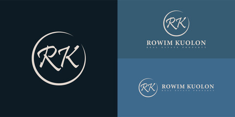 Abstract initial circle letter RK or KR logo in soft gold color isolated on multiple background colors. The logo is suitable for personal branding services and icon logo design inspiration templates.