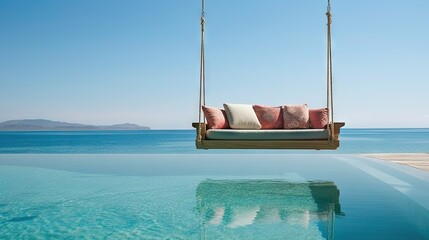 Elegant Swing Sofa Overlooking Serene Ocean and Infinity Pool with Clear Blue Skies