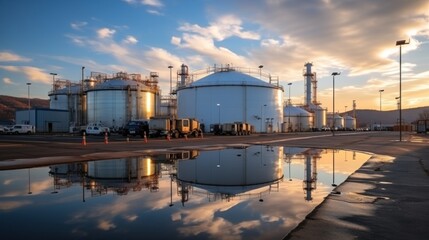Obraz premium Golden Hour at Industrial Oil Refinery: Large Storage Tanks and Reflective Water Surface