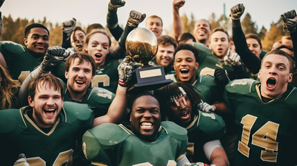 Victorious American Football Team Celebrating with Trophy in Golden Hour