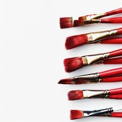 Red Watercolor Paint Brushes Lie Flat Against A Pristine White Background, Ready For Artistic Endeavors, Illustrations Images