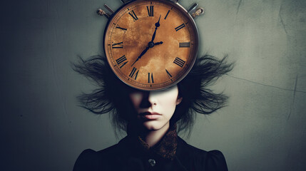 Surreal Portrait of a Woman with a Clock Face, Artistic Concept of Time