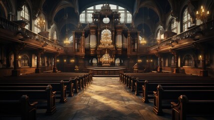 Obraz premium Majestic Synagogue Interior with Ornate Woodwork and Stained Glass Windows