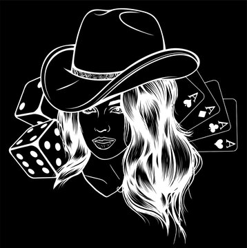 recommend clip art: white silhouette of Beauty woman holding cards on black background. Casino vector flat cartoon illustration