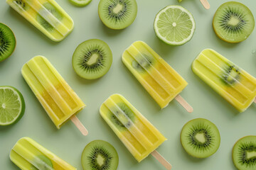 multiple kiwi and lime popsicles on green pastel background with fruit slices