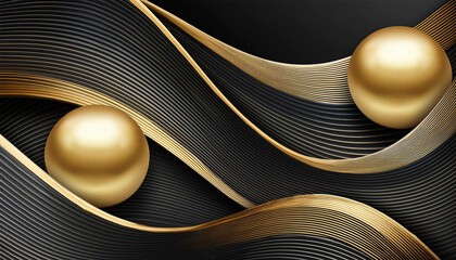 Black and gold wavy background with golden sphere.