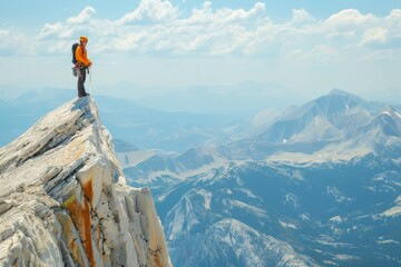Naklejka premium Thrilling mountain climbing adventure with climber standing on rocky peak, stunning alpine landscape, blue sky with clouds. Perfect for outdoor, adventure, and extreme sports concepts.
