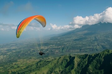 Paraglider soaring above lush green mountains and deep valleys under a cloud-filled sky. Ideal for extreme sports and adventure travel themes.