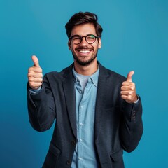 Cheerful young man in glasses and a casual blazer giving thumbs up against a blue background. Perfect for themes of success, approval, and positive feedback.