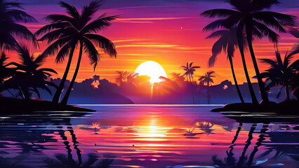 a tropical sunset, with hues of orange, pink, and purple blending together in a dreamy and atmospheric composition. palm tree silhouettes and shimmering reflections on the water