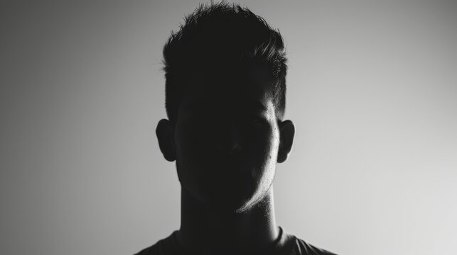 Moody black and white silhouette of a man against a neutral background. Strong contrast highlighting the contours of the face and hair. Ideal for themes introspection and dramatic portrait