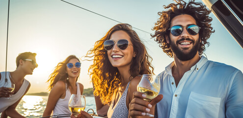 Luxury Vacation: Friends Celebrating with Wine on a Yacht. Friends Relaxing and Drinking Wine on a Yacht. Summer Lifestyle Concept