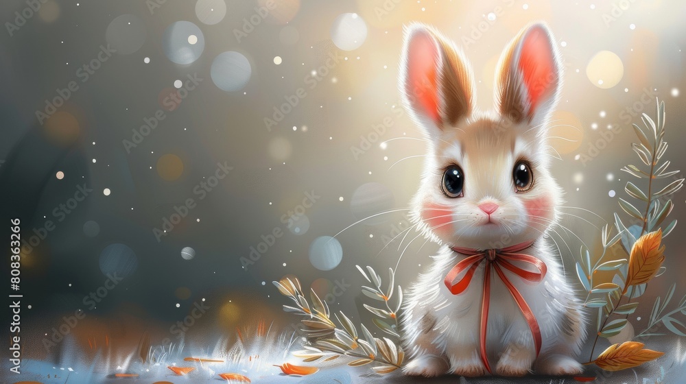 Wall mural doodle modern illustration of an adorable rabbit wearing a ribbon costume