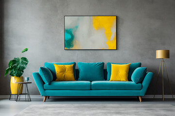 Teal sofa with vibrant yellow pillows against grey stucco or concrete wall with art poster. Mid century interior design of modern living room, home