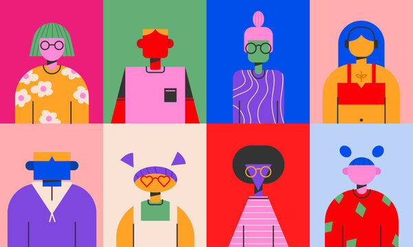 Diverse people seamless pattern illustration. Diverse group of people.Set of avatars abstract trendy characters. Teamwork, togetherness, friendship concept.Vector EPS 10 editable stroke