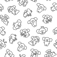 Cute kawaii koala bear. Seamless pattern. Coloring Page. Australian animals cartoon character. Hand drawn style. Vector drawing. Design ornaments.