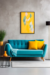Teal sofa with vibrant yellow pillows against grey stucco or concrete wall with art poster. Mid century interior design of modern living room, home