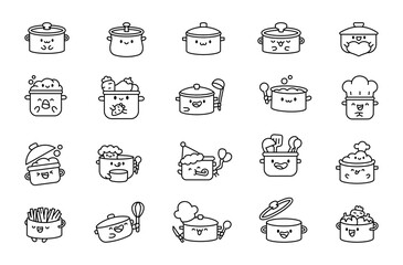 Cute kawaii cooking pots. Coloring Page. Funny cartoon characters. Hand drawn style. Vector drawing. Collection of design elements.