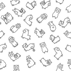 Beautiful alpaca cartoon character. Seamless pattern. Coloring Page. Cute kawaii animal. Hand drawn style. Vector drawing. Design ornaments.
