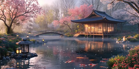 The warm sunset glow reflects on the tranquil waters of a koi pond by a traditional Japanese pavilion, surrounded by the soft pink hues of cherry blossoms. Resplendent.