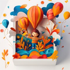 Na papierowym wycięciu przedstawiony jest chłopiec trzymający w dłoni balon na gorące powietrze. Praca wykonana w technice artystycznej, idealna na Dzień Dziecka