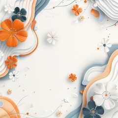 Tło przedstawiające białe i pomarańczowe kwiaty na jasnym tle. W centralnej części można zobaczyć różnorodne kwiaty w różnych kształtach i odcieniach