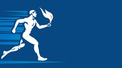 Athlete runs with a Olympic flame in his hand, blue background, Olympic games concept, banner, copy space