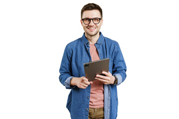 A man consultant with glasses uses a tablet, online work in an application, cut isolated