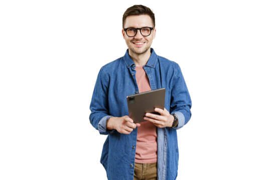 A man consultant with glasses uses a tablet, online work in an application, cut isolated