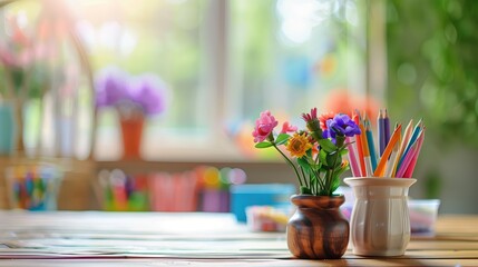 Na stole znajdują się dwa wazony wypełnione kwiatami. Widoczny jest drewniany blat stołu oraz tło w kolorze białym. Obraz przedstawia prosty, ale elegancki dekoracyjny element