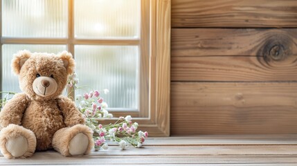Brązowy miś pluszowy siedzi obok okna w pokoju dziecięcym. Miś ma brązowe futro i miękkie oczy, a za oknem widać delikatne światło słoneczne