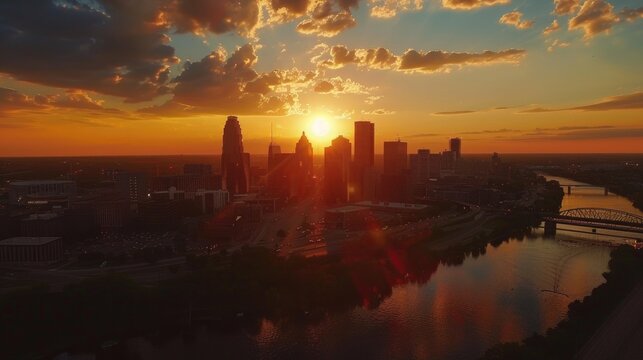 Aerial of Downtown Minneapolis at Sunset